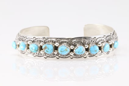 Native America Navajo Sterling Silver Turquoise Bracelet Cuff By Grace Silver.