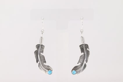 Native America Navajo Sterling Silver Turquoise Feather Dangling Earring's By Louise Joe.