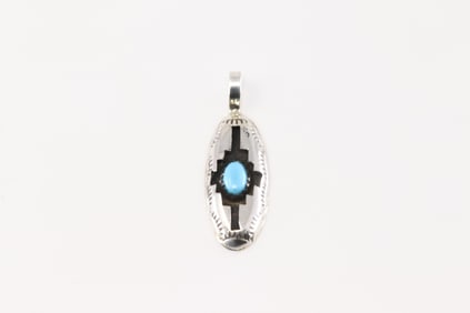 Native America Navajo Sterling Silver Turquoise Pendant By Felix Perry.