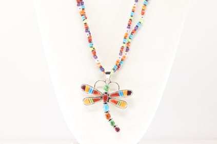 Native America Navajo Sterling Silver Multi-Color Stone Dragonfly Necklace By T.
