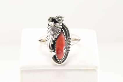 Native America Navajo Sterling Silver Coral Ring By Arlene Lewis.