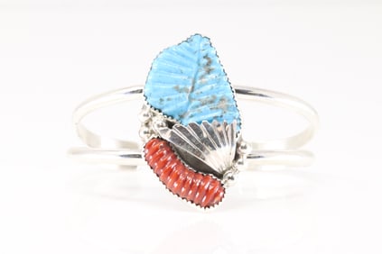 Native America Zuni Sterling Silver Coral & Turquoise Bracelet Cuff By Lyolita Tsattie.