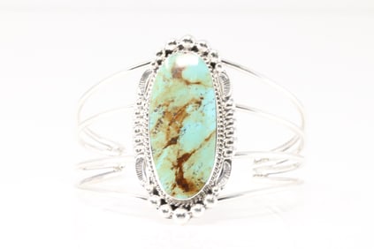 Native America Navajo Sterling Silver Kingman Turquoise Bracelet Cuff By Charlene Yazzie.