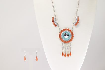 Native America Zuni Sterling Silver Multi-Color Stone Inlay Necklace & Earring's Set By Bryant