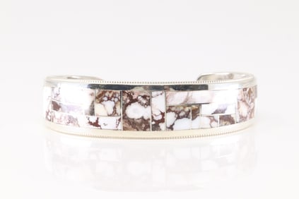Native America Zuni Sterling Silver Wild Horse Inlay Bracelet Cuff By Glendora Booqua.