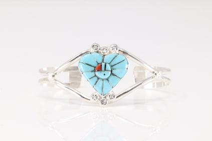Native America Zuni Sterling Silver Multi-Color Inlay Heart Bracelet Cuff By Ola Eriacho.