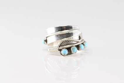 Native America Navajo Sterling Silver Turquoise Feather Ring By Aaron Davis.