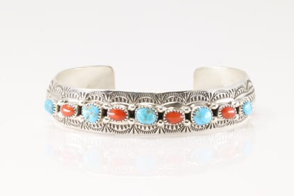 Native America Navajo Sterling Silver Coral & Turquoise Bracelet Cuff By Grace Silver.