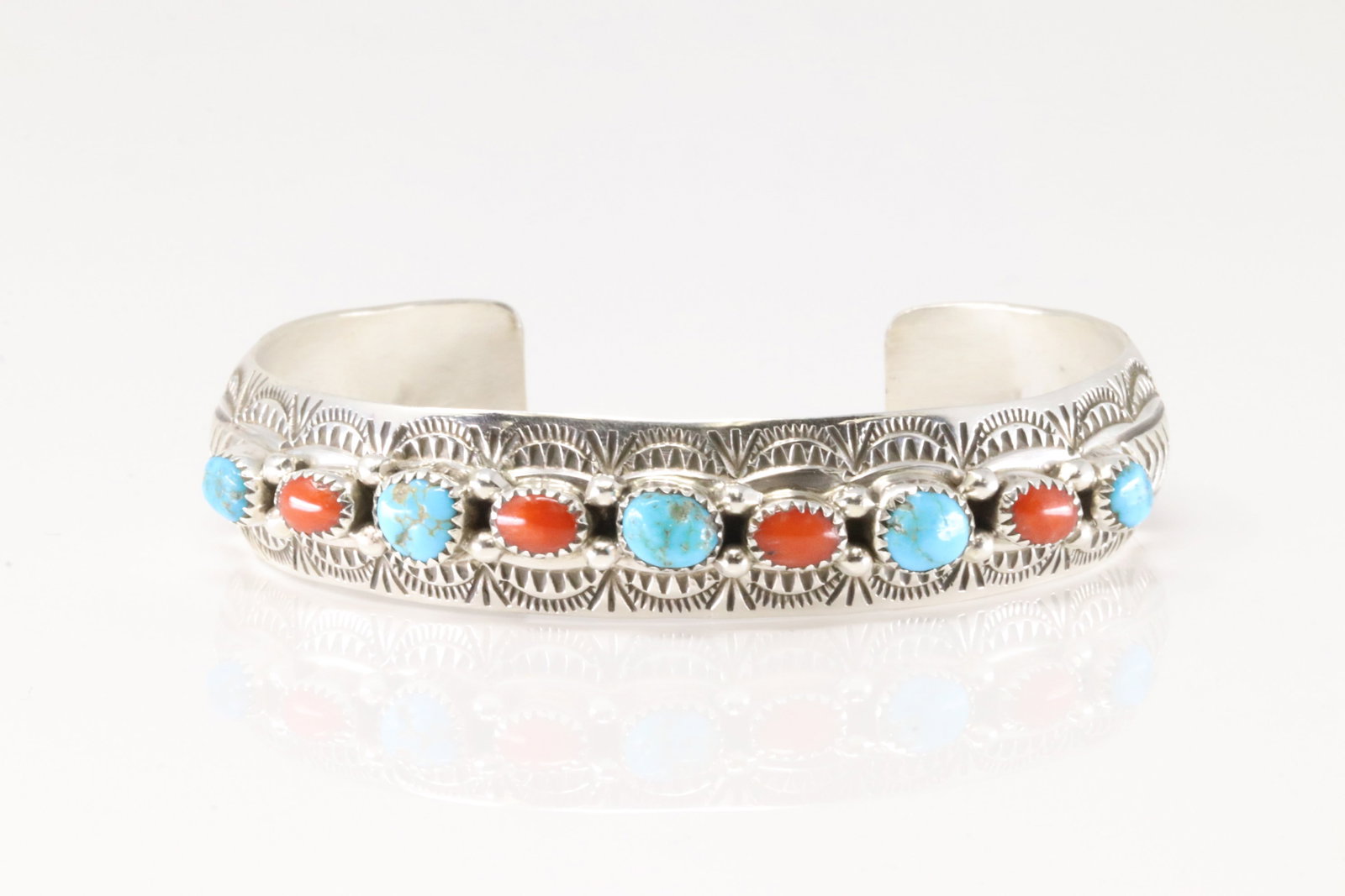 Native America Navajo Sterling Silver Coral & Turquoise Bracelet Cuff By Grace Silver.: This is a Native America Navajo Sterling Silver Coral & Turquoise Bracelet Cuff By Grace Silver.