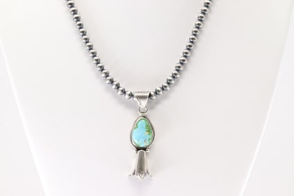 Native America Navajo Sterling Silver Pearl Beaded Turquoise Necklace By Adrienne Gordon.