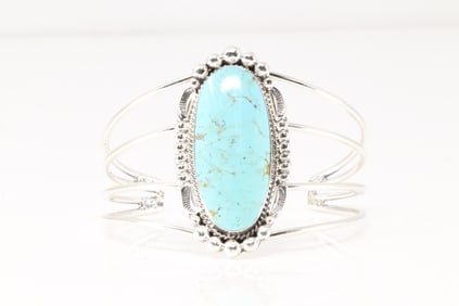 Native America Navajo Sterling Silver Kingman Turquoise Bracelet Cuff By Charlene Yazzie.