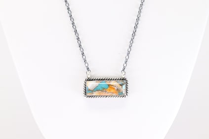 Native America Navajo Sterling Silver Orange Crush Stone Necklace By Johnny Dixon.