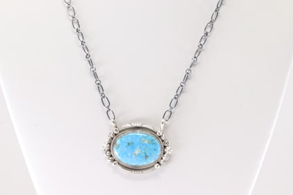 Native America Navajo Sterling Silver Turquoise Necklace By Daneil Benally.