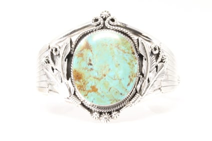 Native America Navajo Sterling Silver Kingman Turquoise Bracelet Cuff By Loretta Delgarito.