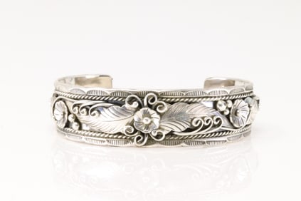 Native America Navajo Sterling Silver Solid Floral Bracelet Cuff By Bessie Joe.