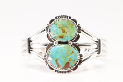 Native America Navajo Sterling Silver Kingman Turquoise Bracelet Cuff By Emerson Delgarito.