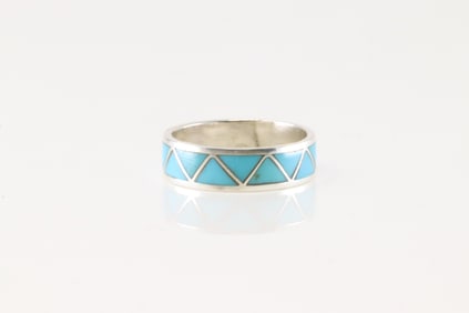 Native America Zuni Sterling Silver Turquoise Inlat Ring By Joann Peina.