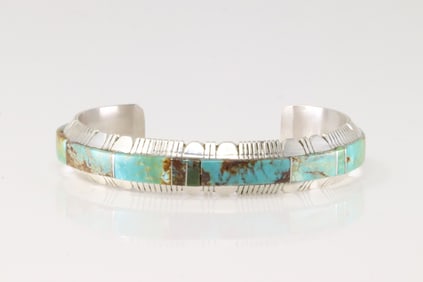 Native America Navajo Sterling Silver Number 8 Turquoise Inlay Bracelet Cuff By Steve Francisco.