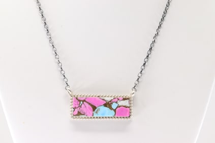 Native America Navajo Sterling Silver Cotton Candy Necklace By Brandon Etcitty.