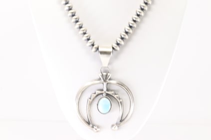 Native America Navajo Sterling Silver Pearl  Beaded Turquoise Naaja Necklace By Dorinda Mariano.