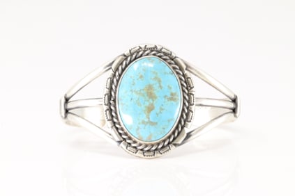 Native America Navajo Sterling Silver Kingman Turquoise Bracelet Cuff By Augustine Largo.