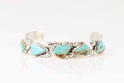 Native America Zuni Sterling Silver Kingman Turquoise Bracelet Cuff By Jude Candelaria.