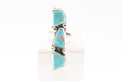 Native America Zuni Sterling Silver Turquoise Ring 3 Stone By Jude Candelaria.