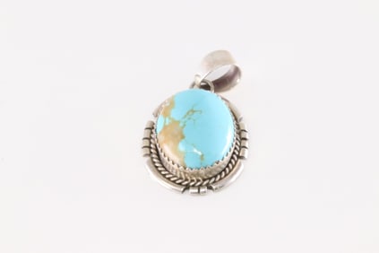 Native America Navajo Sterling Silver Kingman Turquoise Pendent By Freda Martinez.