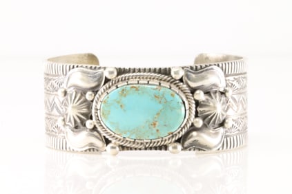 Native America Navajo Sterling Silver Kingman Turquoise Bracelet Cuff By Tilli John.