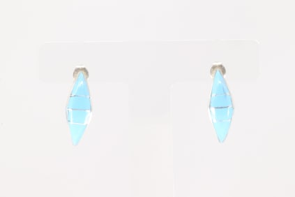 Native America Zuni Sterling Silver Turquoise Inlay Hoop Earring's By Robert Kanesta.