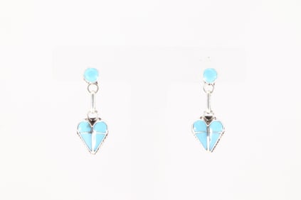 Native America Navajo Sterling Silver Kingman Turquoise Heart Post / Dangling By Velda Nastacio.