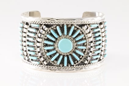 Native America Navajo Sterling Silver Turquoise Bracelet Cuff By Geraldine Fabe.