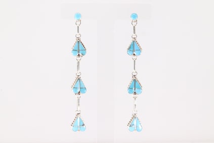Native America Zuni Sterling Silver Kingman Turquoise Heart Post / Earring's By Velda Nastacio.