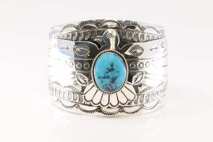 Native America Navajo Sterling Silver Turquoise Thunderbird Bracelet Cuff By Evelyn Bahe.