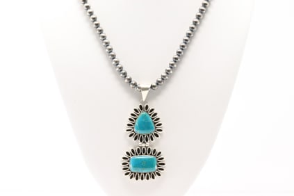 Native America Navajo Sterling Silver Paerl Beaded Turquoise Necklace By RB.