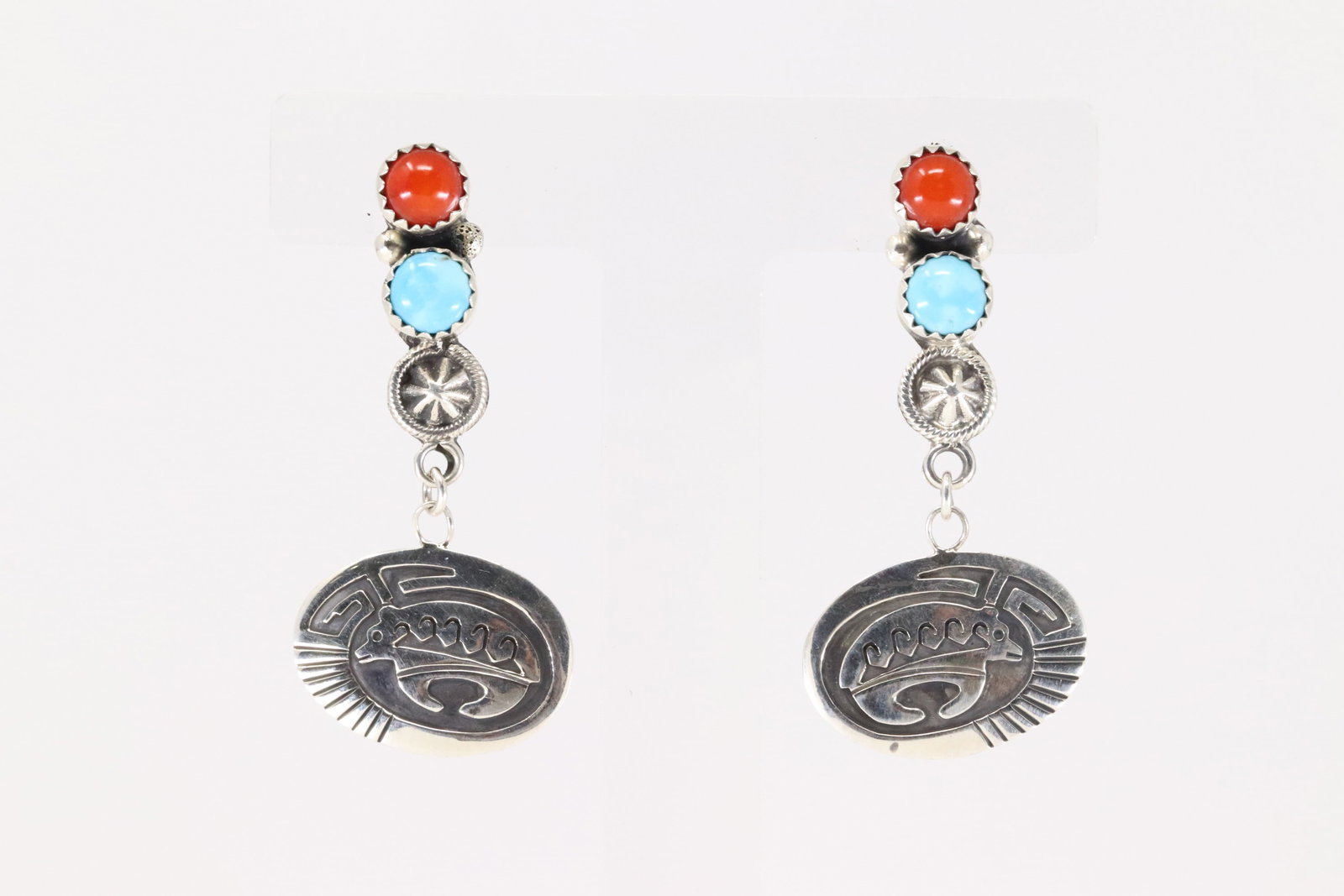 Native America Navajo Sterling Silver Coral & Turquoise Post Dangling Earring's By Annette Martinez.: This is a Native America Navajo Sterling Silver Coral & Turquoise Post Dangling Earring's By Annette Martinez.