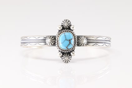 Native America Navajo Sterling Silver Kingman Turquoise Bracelet Cuff By M.C.