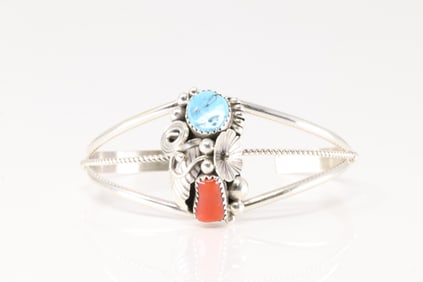 Native America Navajo Sterling Silver Coral & Kingman Turquoise Bracelet Cuff By Max Calladitto.