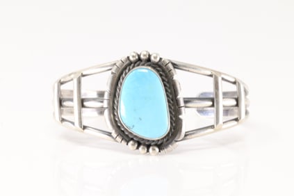 Native America Navajo Sterling Silver Kingman Turquoise Bracelet Cuff By Allanna Yellow.