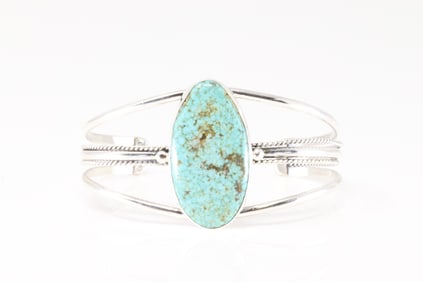 Native America Navajo Sterling Silver Kingman Turquoise Bracelet Cuff By T.Benally.