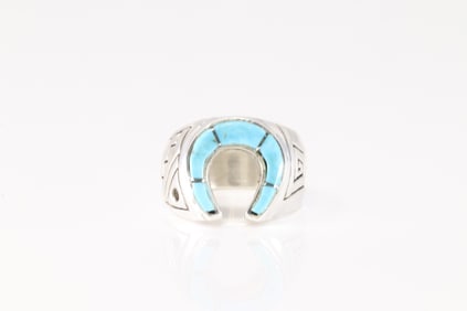 Native America Zuni Sterling Silver Turquoise Inlay Naja Ring By Bevis Tsadiasi.