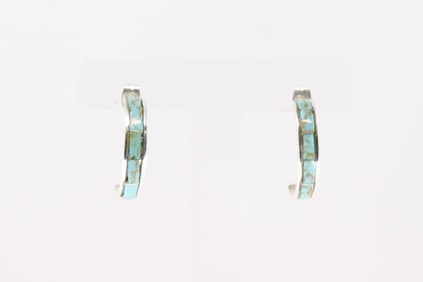 Native America Navajo Sterling Silver Turquoise Inlay Hoop Earring's By Debbie J.Livingston.
