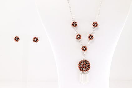 Native America Zuni Sterling Silver Coral Necklace & Earring's Set By Tricia Leekity.