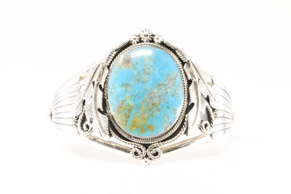 Native America Navajo Sterling Silver Kingman Turquoise Bracelet Cuff By Loretta Delgarito.