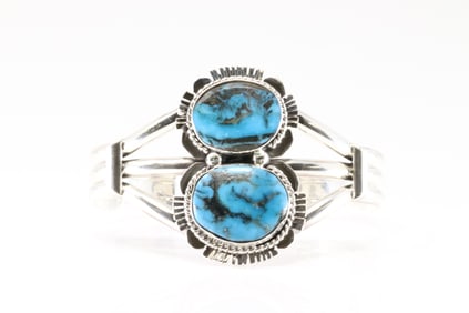 Native America Navajo Sterling Silver Kingman Turquoise Bracelet Cuff By Emerson Delgarito.