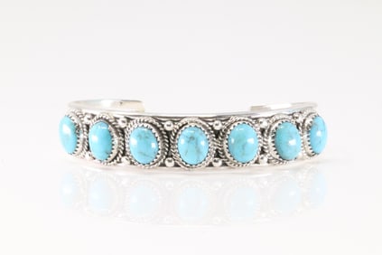 Native America Navajo Sterling Silver Turquoise Bracelet 7 Stone Cuff By Verley Betone.