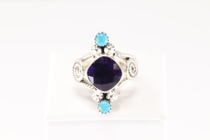 Native America Navajo Sterling Silver Amethyst & Turquoise Ring By Mike Smith.