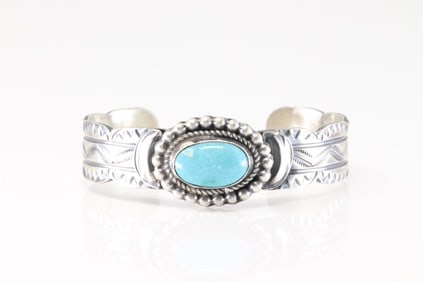 Native America Navajo Sterling Silver Kingman Turquoise Bracelet Cuff By Tilli Jonh.