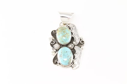 Native America Navajo Sterling Silver Turquoise Pendant By Jonathan Bahe.