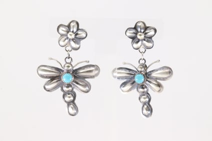 Native America Navajo Sterling Silver Turquoise Butterfly Post / Dangling Earring's By Tim Yazzie &